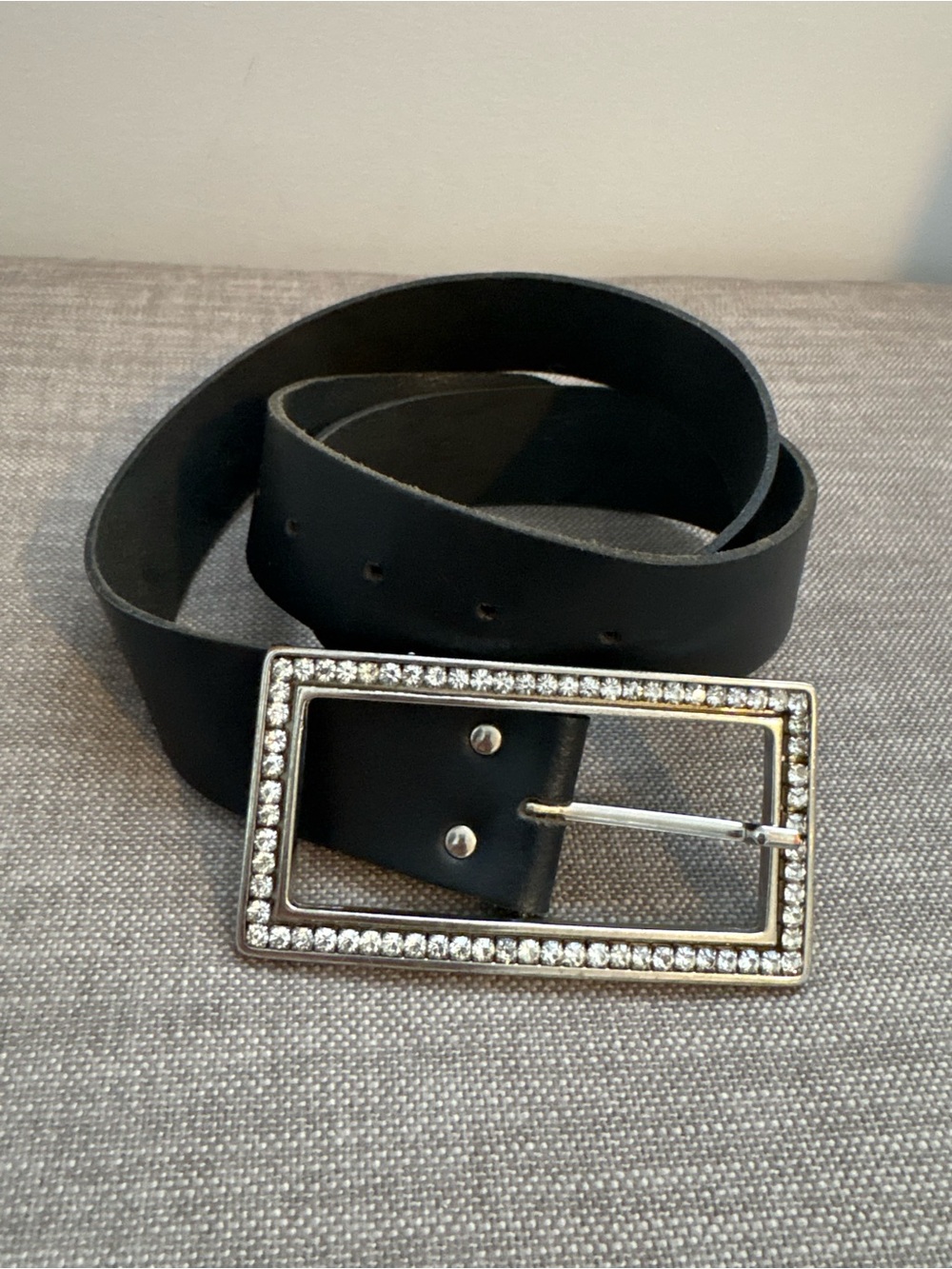 Black Leather Women’s Belt With Rhinestone Jewel Silver-tone Buckle 95cm (Large)